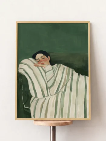 28102 yesil soyut cizgili uyuyan kadin ahsap tablo 1.webp