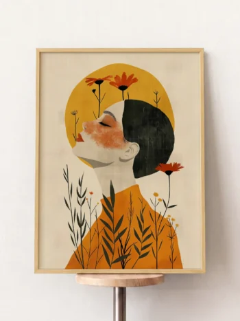 31103 boho turuncu cicekli kadin illustrasyon ahsap tablo 1.webp